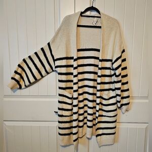 HYFVE Cream and Black Striped Open-Front Cardigan